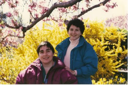 Margaret and Cynthia at the Jeffeson Memorial pansy garden during cherry blossom time, probably 1993.