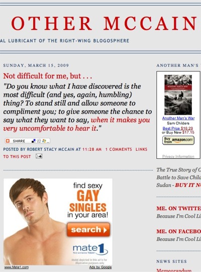 Karma's a bitch (with a sense of humor): gay dating site ad screen capture from The Other McCain, 3/15/2009.