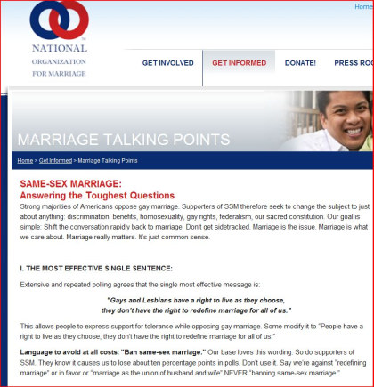 Screen shot from the "Marriage Talking Points" page of the Web site for the National Organization for Marriage, which opposes same-sex marriage equality.