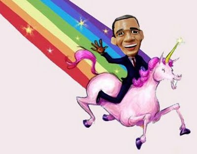 Obama astride his pink unicorn. Illustration by Carol of No Sheeples Here.