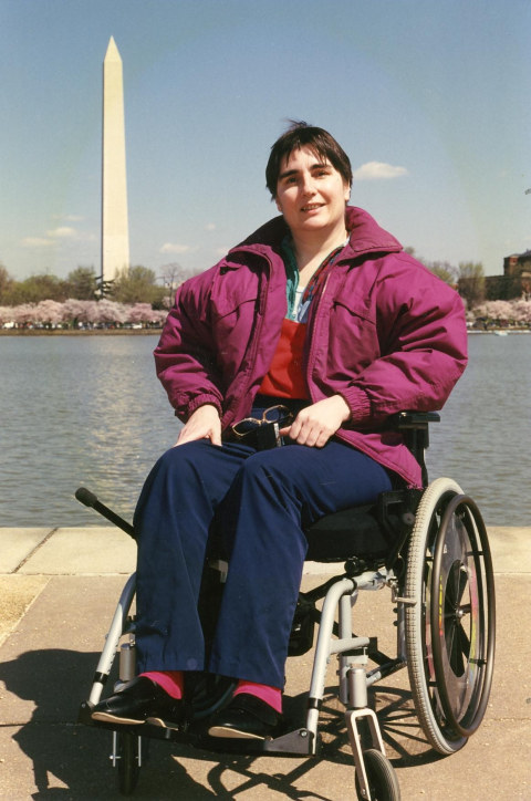 Margaret with Washington Monument 4-1991_480x724 Margaret Ardussi at the Jefferson Memorial in Washington, D.C., with the Washington monument and blossoming cherry trees behind her.