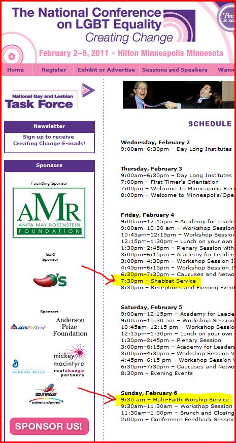 Schedule for the February 2011 "Creating Change" conference held by the NGLTF includes two worship services.