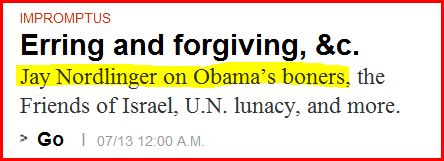 Screen capture of a subhead from National Review Online that reads, "Jay Nordlinger on Obama's boners."