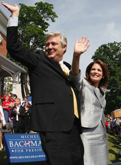 Michelle and Marcus Bachmann waving to a crowd while Ms. Bachmann campaigned for president in Iowa in August 2011.