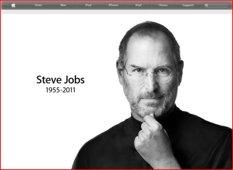 Photo of Steve Jobs, noting he lived from 1955 to 2011, from a screen capture of the home page of Apple Computer, the company he co-founded.