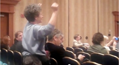 Cynthia Yockey, in the blue sweatshirt, dances to "Mr. America," the rap parody by Steven Crowder and Chris Loesch, performing as the Powdered Zombies at CPAC 2012 for the blogger awards ceremony sponsored by TheTeaParty.net.