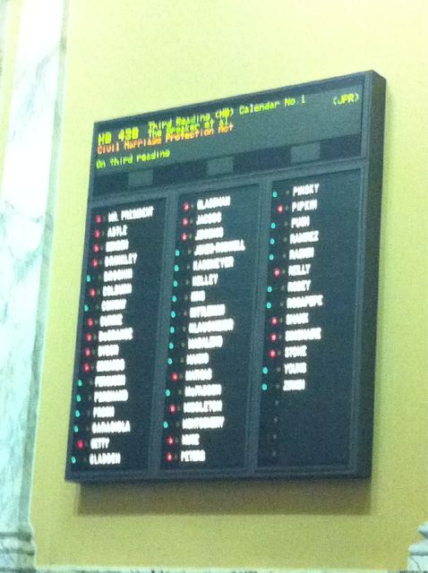 Photo of vote tally for Maryland's marriage equality law, which passed in the Maryland Senate today (Feb. 23, 2012).