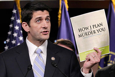 Photoshop image of Paul Ryan holding up his budget plan but his title has been replaced with a joke title, "How I Plan to Murder You."