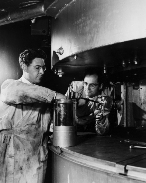 Hubert P. Yockey works on a 60-inch cyclotron. Photo from the National Archives Catalog taken by Donald Cooksey, 7/26/1949. 