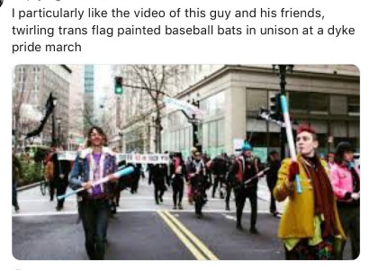 This photo is taken from a YouTube video of the San Francisco Pride March in 2017. The transgender-identified heterosexual men are brandishing weapons and making threats against anyone who would exclude them from women's spaces. The main target for their rage is lesbians who refuse to have sex with them because they are men and have penises. That's not a joke. The majority of the transgender movement is comprised of heterosexual men called "autogynephiles" because of their sexual attraction to themselves in the form of a woman. 