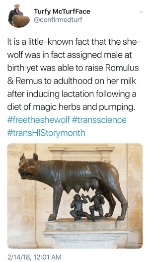 The image is a screen capture of a tweet by @confirmedturf with a photo of a sculpture of Romulus and Remus suckling a she-wolf saying, "It is a little-known fact that the she-wolf was in fact assigned male at birth yet was able to raise Romulus and Remus to adulthood on her milk after inducing lactation following a diet of magic herbs and pumping."
